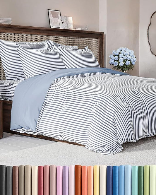 Duvet Cover Queen Size Set - Extra Soft Queen Duvet Cover 90" x 90" with 2 Pillow Shams - Hotel Luxury, Easy Care & Fade Free with Zipper Closures & Ties - Comfy, Cozy and Breathable (Blue Stripes)