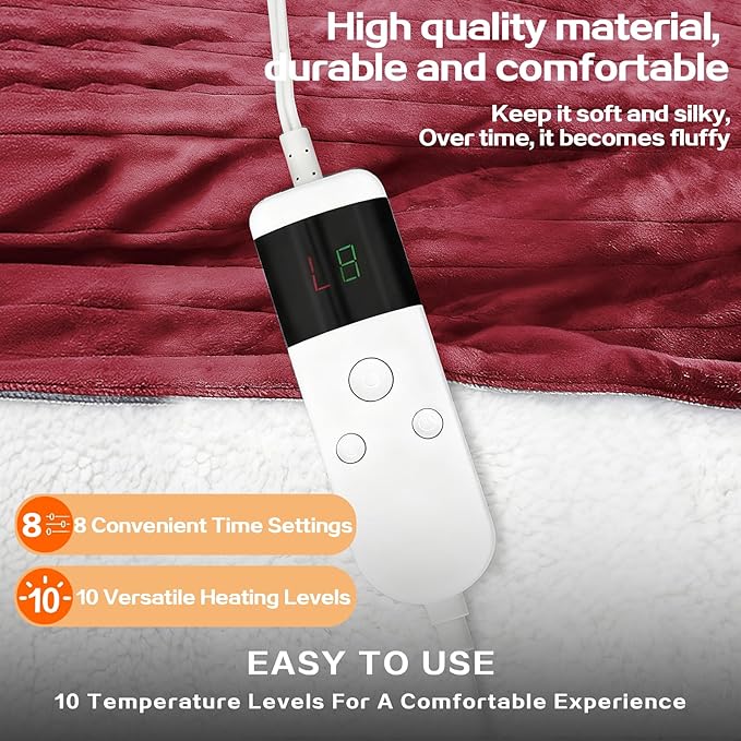 Electric Heated Blanket Twin Size 62''x84'' -Control Heating Blanket, Soft & Warm Flannel 10-Level Temperature Control, 8 Hours Auto Off, Rapid Heating & Overheat Protection