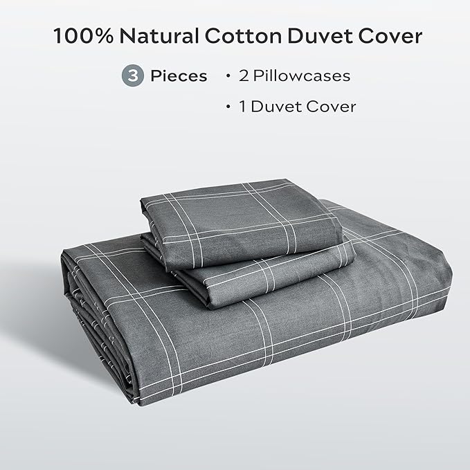 JELLYMONI 100% Natural Cotton King Duvet Cover Set, 3pcs Plaid Duvet Cover Sets with Zipper Closure, Grid Geometric Pattern Comforter Cover, Dark Grey