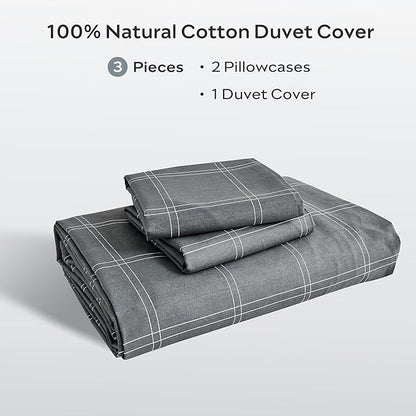 JELLYMONI 100% Natural Cotton King Duvet Cover Set, 3pcs Plaid Duvet Cover Sets with Zipper Closure, Grid Geometric Pattern Comforter Cover, Dark Grey