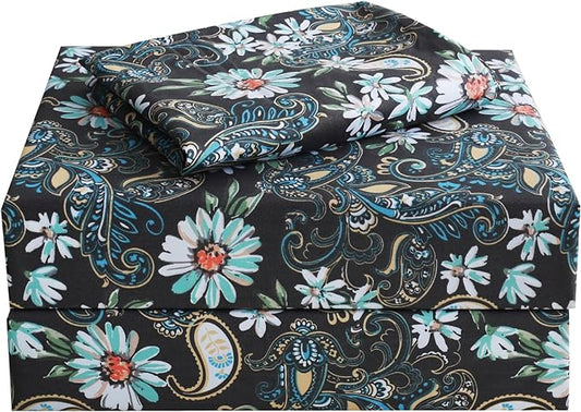 JSD Black Paisley Floral Printed Sheet Set Twin Size, 3 Piece Soft Pattern Microfiber Sheets Extra Deep Pocket
