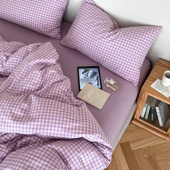 mixinni Purple Gingham Comforter Set King, Plaid Comforter Set 3 Pieces 1 Purple Grid Comfoter with 2 Pillow Cases for All Seasons, Soft Fluffy Modern Grid Pattern Printed Bedding-King Size