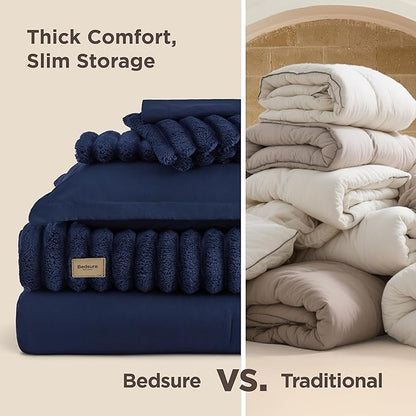 Bedsure Gentlesoft™ 2-in-1 Queen Comforter Set and Detachable Fluffy Blanket, Navy Blue Bedding Set for All Season Use, SnapTech Design for Space Saving (Includes 2 Pillow Shams, 2 Pillowcases)