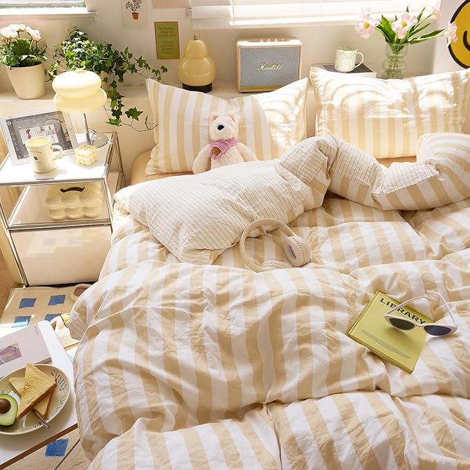 EAVD Beige Striped Duvet Cover Twin XL Soft Washed Microfiber Striped Reversible Bedding Set with 2 Pillowcases Modern Farmhouse Geometric Pattern Duvet Cover with Zipper Closure