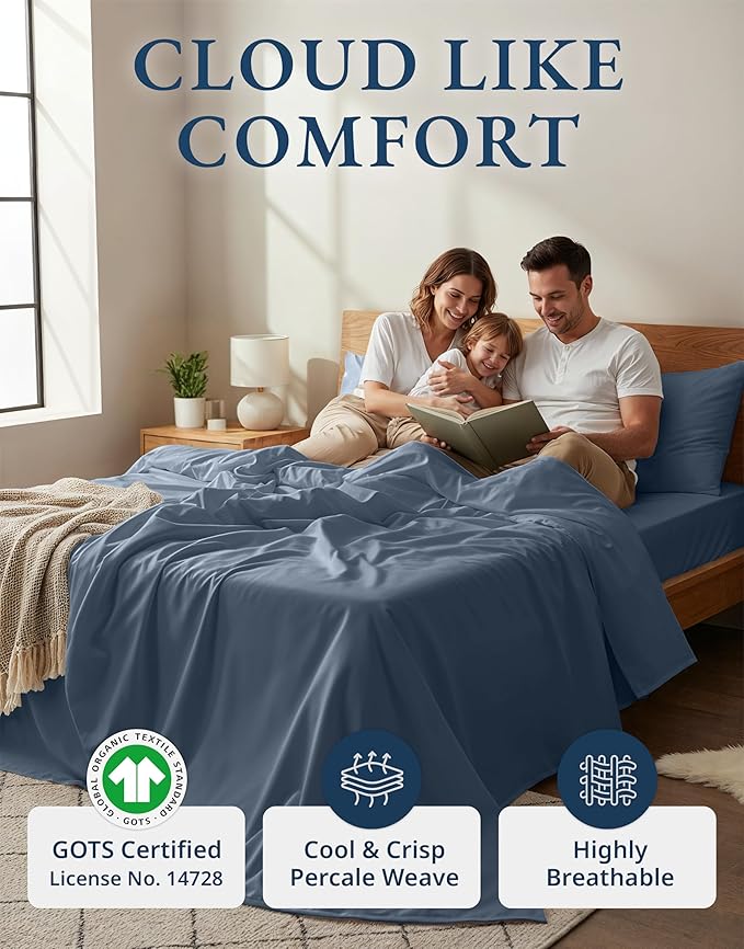 LANE LINEN 100% Organic Cotton Eco Friendly Fully Elasticized Twin XL Sheet Set, Low Pilling Fade Resistant Machine Washable Extra Long Twin Bedding Set, Soft & Comfy Cotton Sheets-Estate Blue