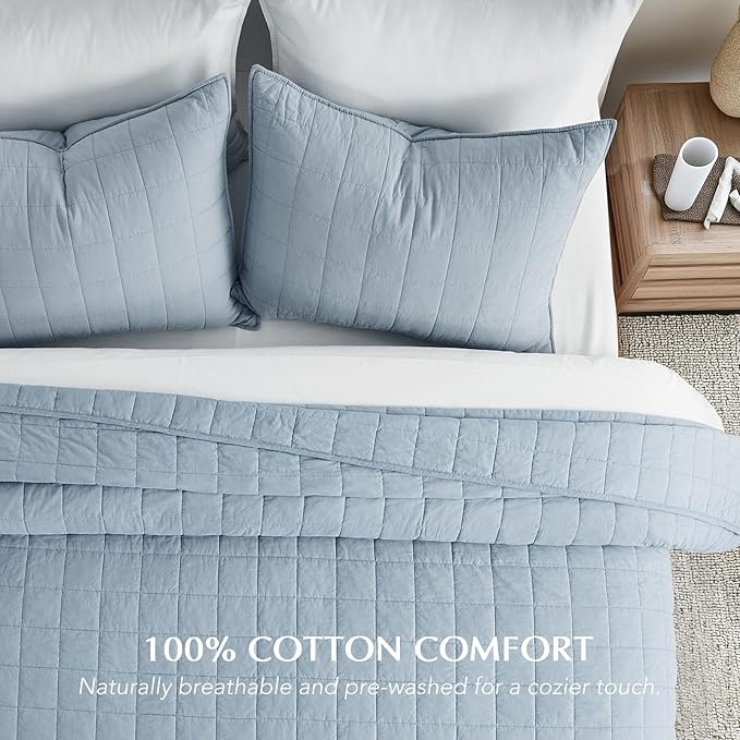 EVERGRACEHOME 100% Cotton Box Stitch Quilt Bedding Set Queen Size 3 Pieces, Garment-Washed Lightweight Soft Cozy Coverlet, Quilted Bedspread Sets with 2 Shams for All Season, Blue Linen