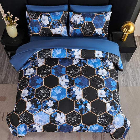 ANGIYUIN 7 Pieces Blue Black Marble Queen Bed in A Bag White Flowers Comforter Sets Gold Geometric Honeycomb Bedding Sets for Women Men
