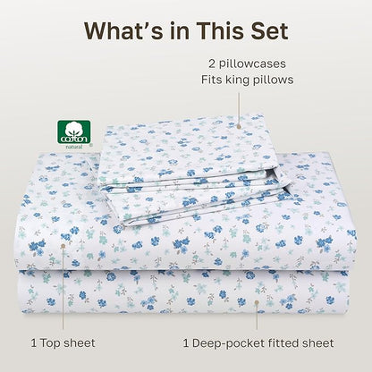 California Design Den Floral Pattern King Size Sheets Set - 400 Thread Count, Soft Sateen, Natural 100% Cotton Sheets, Deep Pockets, and Durable Bedding Set - Blooming Meadows