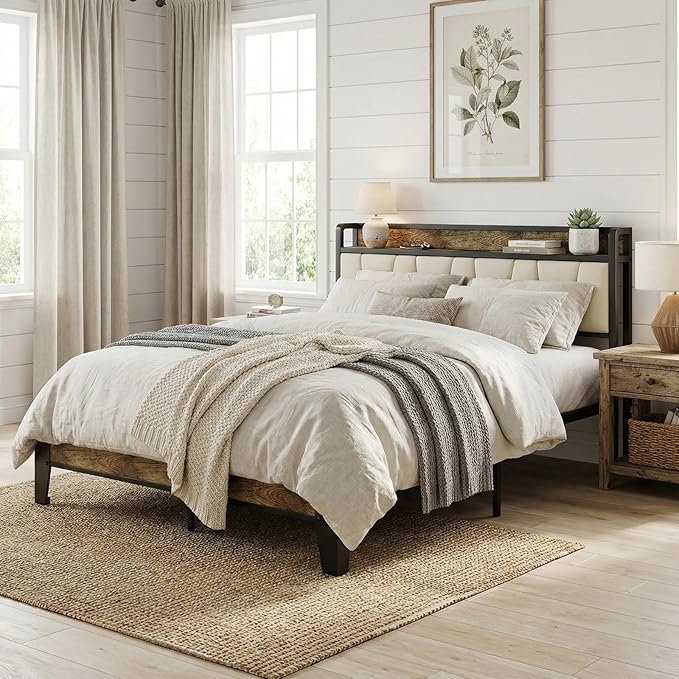 LIKIMIO Queen Bed Frame, Storage Headboard with Charging Station, Solid and Stable, Noise Free, No Box Spring Needed, Easy Assembly (Walnut and Beige)