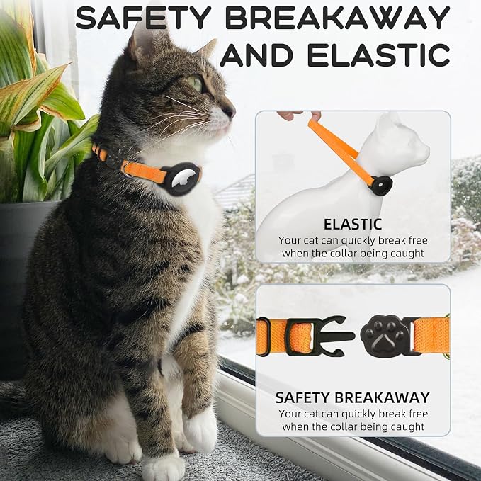 AirTag Cat Collars, Stretchy Collar with AirTag Holder and Bell | Breakaway - Ultra Design Elastic - GPS Tracking Collars - Adjustable Size for Cats & Puppies 7.5-12.5" - (Orange)
