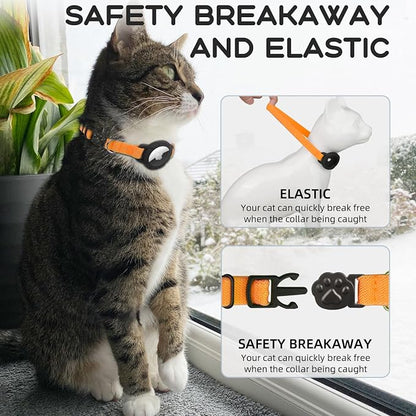 AirTag Cat Collars, Stretchy Collar with AirTag Holder and Bell | Breakaway - Ultra Design Elastic - GPS Tracking Collars - Adjustable Size for Cats & Puppies 7.5-12.5" - (Orange)