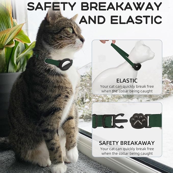 AirTag Cat Collars, Stretchy Collar with AirTag Holder and Bell | Breakaway - Ultra Design Elastic - GPS Tracking Collars - Adjustable Size for Cats & Puppies 7.5-12.5" - (Forest Green)