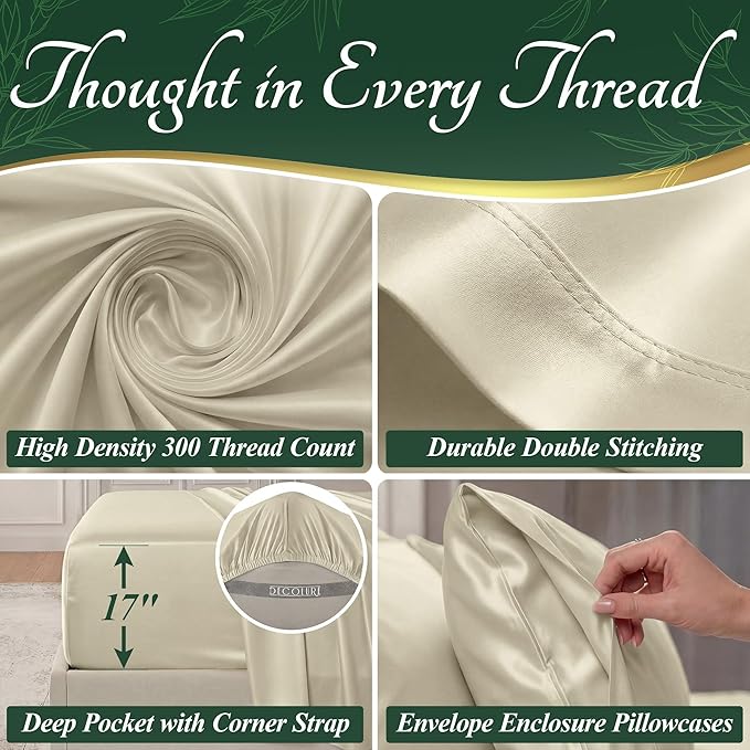 DECOLURE 100% Viscose Derived from Bamboo Sheets Full Size - Luxury 6 Pc Naturally Cooling Sheets, Ultra Soft Bed Set - Deep 17" Pockets, Durable Double Stitching, Oeko Tex Standard (Creme)