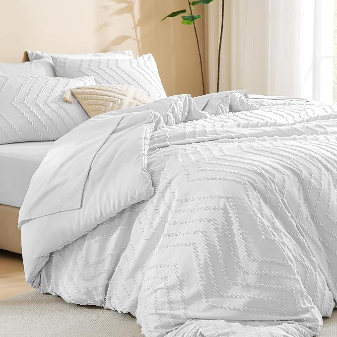 Litanika White Comforter Full Size Set with Sheets - 7 Pieces Boho Bed in a Bag Chevron Tufted Complete Bedding Sets Lightweight All Season Bed Set with Comforter, Sheets, Pillowcases & Shams