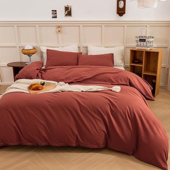 ECOCOTT Duvet Cover Queen Size - Linen Feel Organic Natural 100% Washed Cotton, Soft Breathable 3 Pieces Bedding Set with Zipper Closure, Burnt Brick Red