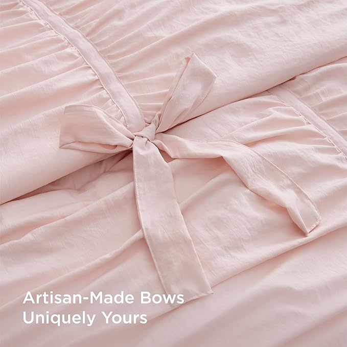 Bedsure Ruched Comforter Set with Bow Trim Pink, GentleSoft™ 3 Pieces Bow Shabby Chic Bedding Pink Room Decor, King Boho Bedding for Girls Teens Women, 1 Bed Comforter, 2 Pillow Shams, 104x90 Inches