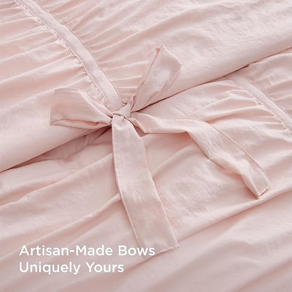 Bedsure Ruched Comforter Set with Bow Trim Pink, GentleSoft™ 3 Pieces Bow Shabby Chic Bedding Pink Room Decor, Full Boho Bedding for Girls Teens Women, 1 Bed Comforter, 2 Pillow Shams, 82x86 Inches