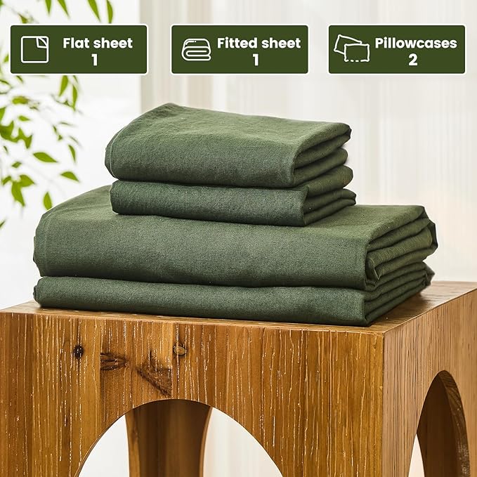 Bedlifes 100% French Pure Linen Sheets King Size Breathable and Cooling Flax Sheet Set Soft Durable and Moisture Wicking 16 Inch Deep Pocket-4 Piece(King,Forest Green)