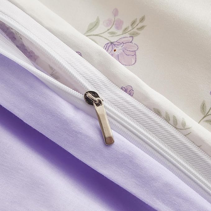 VM VOUGEMARKET Girls Duvet Cover with Purple Flower 100% Cotton Elegant Lavender Floral Bedding Set Queen Cottagecore Comforter Cover Set