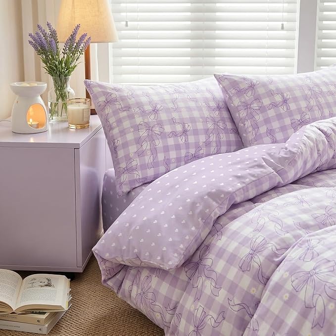 Light Purple Bowknot Comforter Set Queen Size for Girls, Purple Gingham Bedding with Heart Pattern, 3 Pcs Checkered Plaid Quilted Comforter Set with 2 Pillowcases, 90"x90"