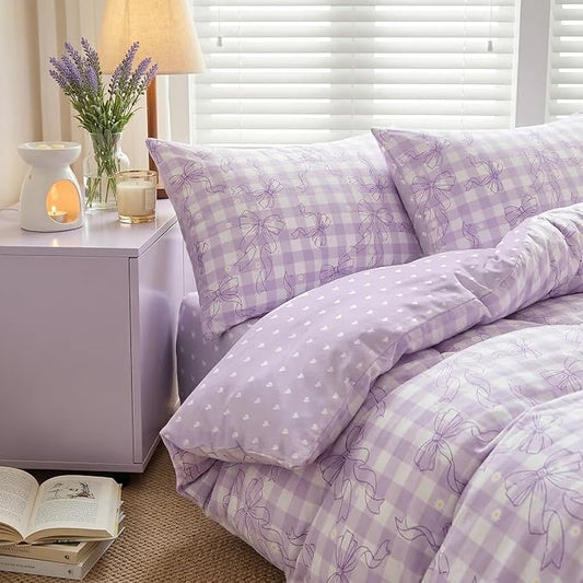 Light Purple Bowknot Comforter Set Queen Size for Girls, Purple Gingham Bedding with Heart Pattern, 3 Pcs Checkered Plaid Quilted Comforter Set with 2 Pillowcases, 90"x90"