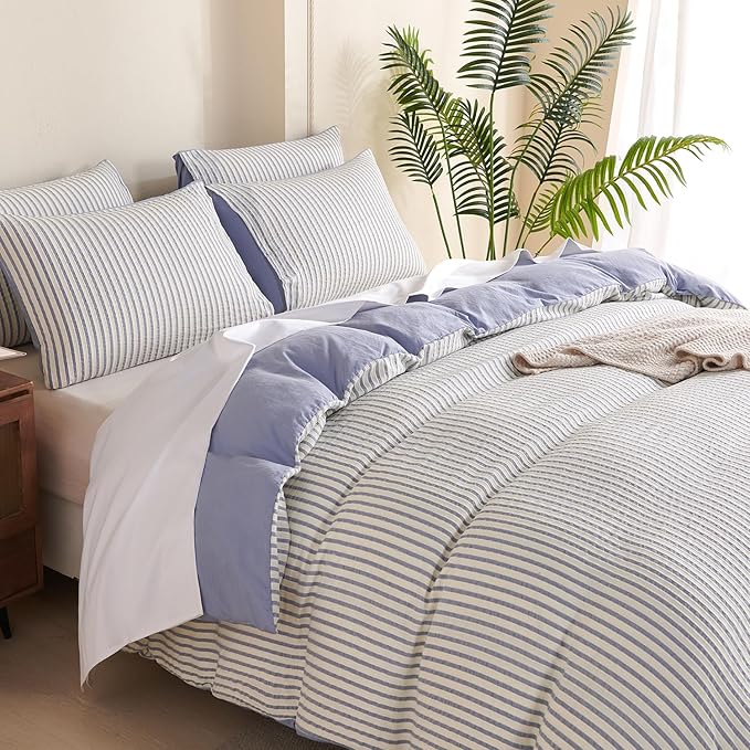 Striped Comforter Queen Blue Soft Luxury Washed Microfiber Jacquard 3 Pieces Bedding, White Blue Vertical Ticking Stripes Pattern Comforter with 2 Pillowcases Breathable Durable Comfy