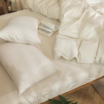 MooMee Striped Duvet Cover Set 100% Washed Cotton Linen Like Textured Breathable Durable Soft Comfy (Almond Milk Grey White Wide Stripes, Palatial King/Oversized King 120"x98")