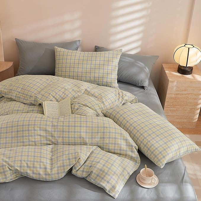EAVD Blue Yellow Gingham Comforter Set Twin XL Soft Modern Grid Plaid Comforter Set 3 Pieces Reversible Grid Checkered Pattern Bedding with 2 Pillowcases Farmhouse Gingham Bedding Set for All-Season