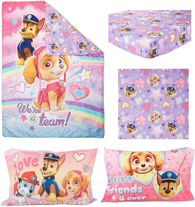 Paw Patrol Skye We're A Team 4 Piece Toddler Bedding Set - Includes Comforter, Sheet Set - Fitted + Top Sheet + Reversible Pillow Case for Girls Bed, Pink (Pack of 2)