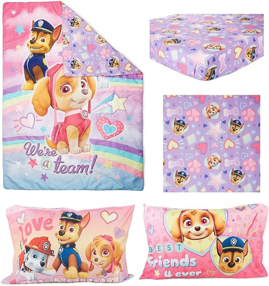 Paw Patrol Skye We're A Team 4 Piece Toddler Bedding Set - Includes Comforter, Sheet Set - Fitted + Top Sheet + Reversible Pillow Case for Girls Bed, Pink (Pack of 2)