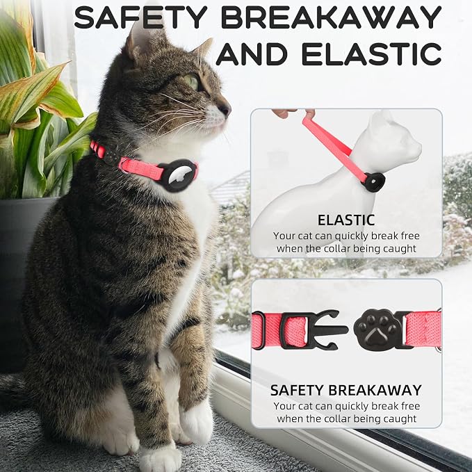 AirTag Cat Collars, Stretchy Collar with AirTag Holder and Bell | Breakaway - Ultra Design Elastic - GPS Tracking Collars - Adjustable Size for Cats & Puppies 7.5-12.5" - (Hot Pink)