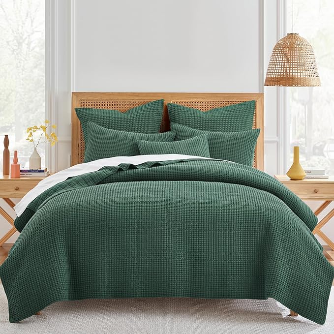 Levtex Home Mills Waffle King/Cal King Quilt Set (106x92in) with 2 Pillow Shams (36x20in) - Forest Green - 100% Cotton King Size Quilt Bedding Set - Lightweight, Soft, Pre-Washed