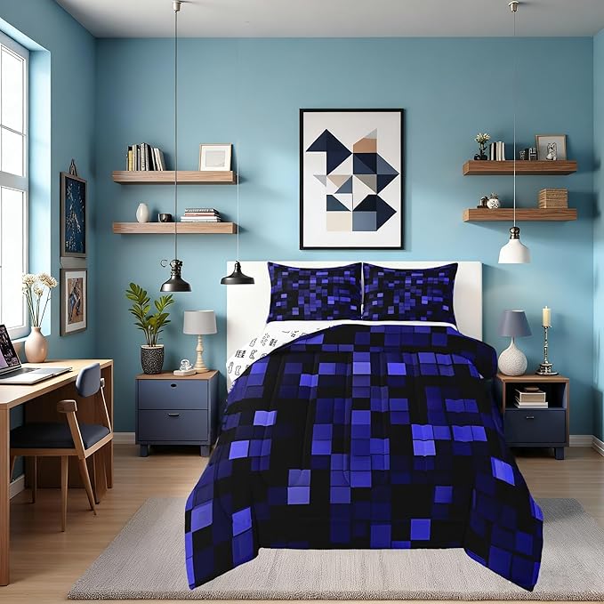 Pixelated Miners Game Kids Bedding Set King Size,Video Games Cartoon Gamepad Comforter Set，Modern Geometric Check Quilt Comforter,Dark Blue Bedroom Duvet Insert,2 Pillowcases