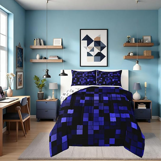 Pixelated Miners Game Kids Bedding Set King Size,Video Games Cartoon Gamepad Comforter Set，Modern Geometric Check Quilt Comforter,Dark Blue Bedroom Duvet Insert,2 Pillowcases