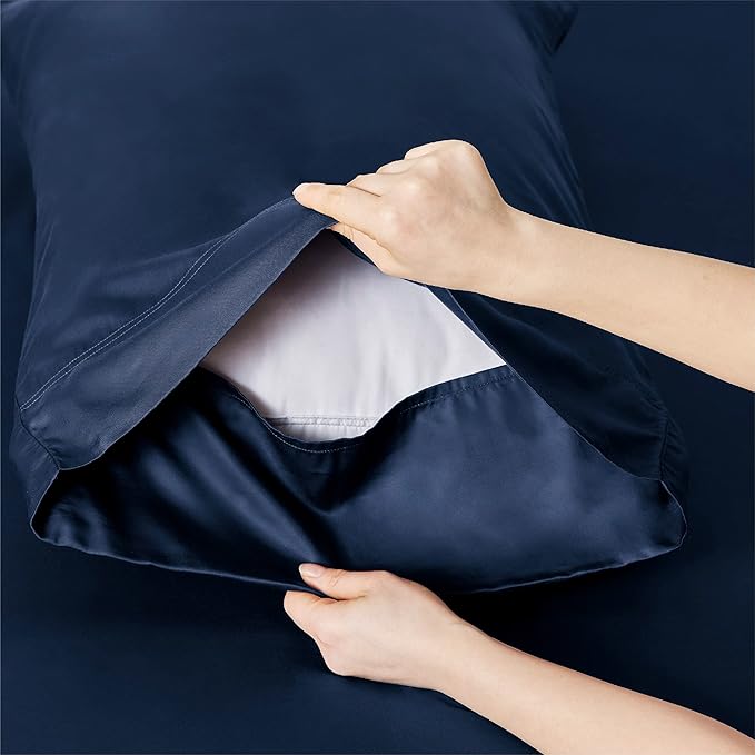 Bedsure Queen Sheet Set, Rayon Derived from Bamboo, Cooling Sheets, PureWoven, Breathable & Soft, Deep Pocket Up to 16 Inches, Hotel Luxury Silky Bedding for Hot Sleepers, Navy
