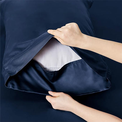 Bedsure Full Size Bed Sheets, Cooling Sheets, Rayon Derived from Bamboo, PureWoven, Breathable & Soft, Deep Pocket Up to 16 Inches, Hotel Luxury Silky Bedding for Hot Sleepers, Navy