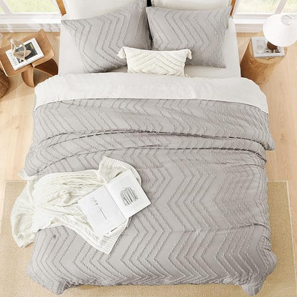 Litanika Linen Queen Size Comforter Sets, 3 Pieces Lightweight Chevron Tufted Bedding Comforter Set, Fluffy Down Alternative Comforter Bed Set Gift Choice (90x90In Comforter and 2 Pillowcases)