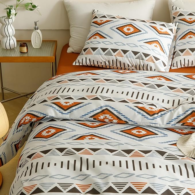 Houseri Orange and Brown Boho Comforter Set Queen Geometric Mocha Blue Diamonds Artistic Bedding Sets Queen Size Women Men Earth Tone Bohemian Triangle Farmhouse Retro Fashion Bed Quilt Blankets Queen