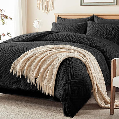 Zzlpp Twin Comforter Set 5 Pieces, Black Tufted Bed in a Bag with Comforter and Sheets, All Season Boho Bedding Sets with 1 Comforter, 1 Pillow Sham, 1 Pillowcase, 1 Flat Sheet, 1 Fitted Sheet