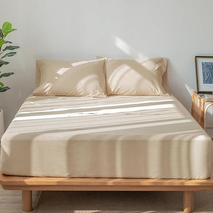 MooMee Bedding Sheet Set 100% Washed Cotton Linen Like Textured Breathable Durable Soft Comfy (Solid Sandy Beige, Queen)