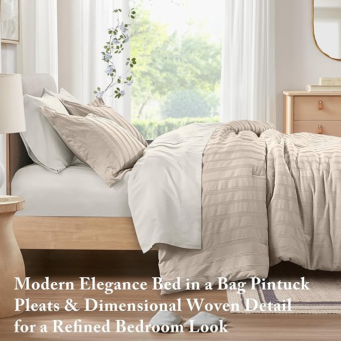 Madison Park Essentials Striped Comforter Set Twin XL, 5 Pieces Modern Minimalist Jacquard Bedding Set for All Season, Bed in A Bag with Sheet Set and Soft Brushed Reverse, Lightweight Neutral