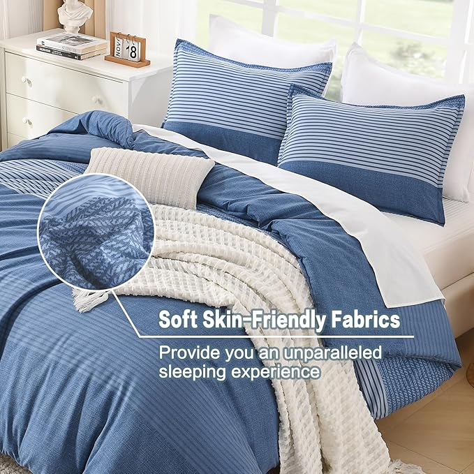 Litanika Comforter Set Super King Size Sapphire Blue - 3 Pieces Lightweight Sapphire Blue White Colorblock Stripe Fluffy Bedding Comforter Sets, All Season Bed Set
