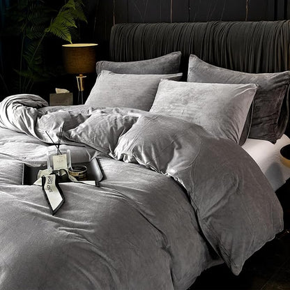 Ivellow Velvet Duvet Cover Queen Set - Smoky Gray Velvet Comforter Cover 3Pcs Ultra Soft Duvet Breathable Solid Luxury Flannel Velour Zipper Closure Corner Tie