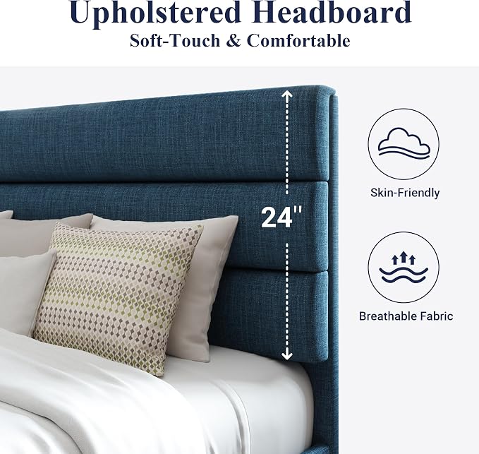 Allewie Full Size Platform Bed Frame with Fabric Upholstered Headboard Blue | Wooden Slats Support, Fully Upholstered Mattress Foundation, No Box Spring Needed, Easy Assembly, Noise-Free, Blue