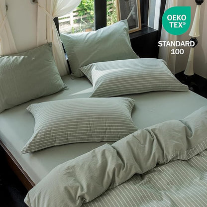 Reversible Duvet Cover Set 100% Washed Cotton Green Stripe Linen Feel Duvet Cover Queen Size with Zipper Closure & 2 Pillow Shams,Celadon Green/White Stripe Reverse Solid Celadon Green