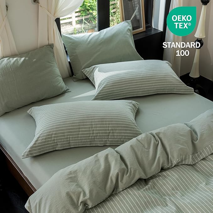 Reversible Duvet Cover Set 100% Washed Cotton Green Stripe Linen Feel Duvet Cover Oversized Queen Size with Zipper Closure & 2 Pillow Shams, Celadon Green/White Stripe Reverse Solid Green