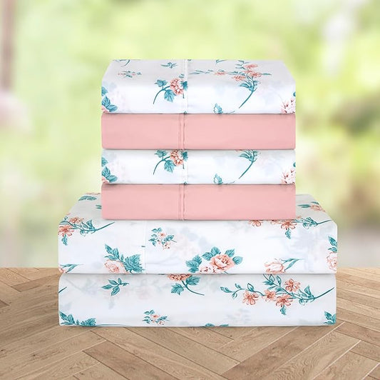 Elegant Comfort Softest and Coziest 6-Piece Sheet Set - 1500 Premium Hotel Quality Microfiber - Deep Pocket, Wrinkle Resistant 6-Piece Floral Bed Sheet Set, Full, Celia Pink