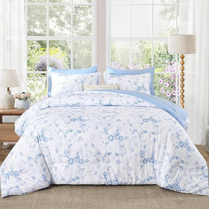 Luxudecor Floral Queen Comforter Set 7 Pieces Bed in a Bag, Blue Rose Romantic Flower Bed Set, Soft Reversible Comforter with Sheet Set 90"x90"