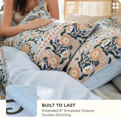Bedsure Duvet Cover King Size - 100% Cotton Reversible Classic Frame Bordered Duvet Cover Set, 3 Pieces Soft & Breathable PureWoven Bedding Set with 2 Pillow Shams (Vintage Blue Boho 104"x90")