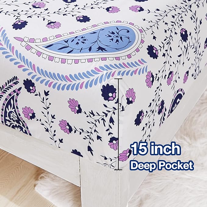 JSD Paisley Floral Printed Sheet Set Full Size, 4 Piece Soft Pattern Microfiber Sheets Extra Deep Pocket